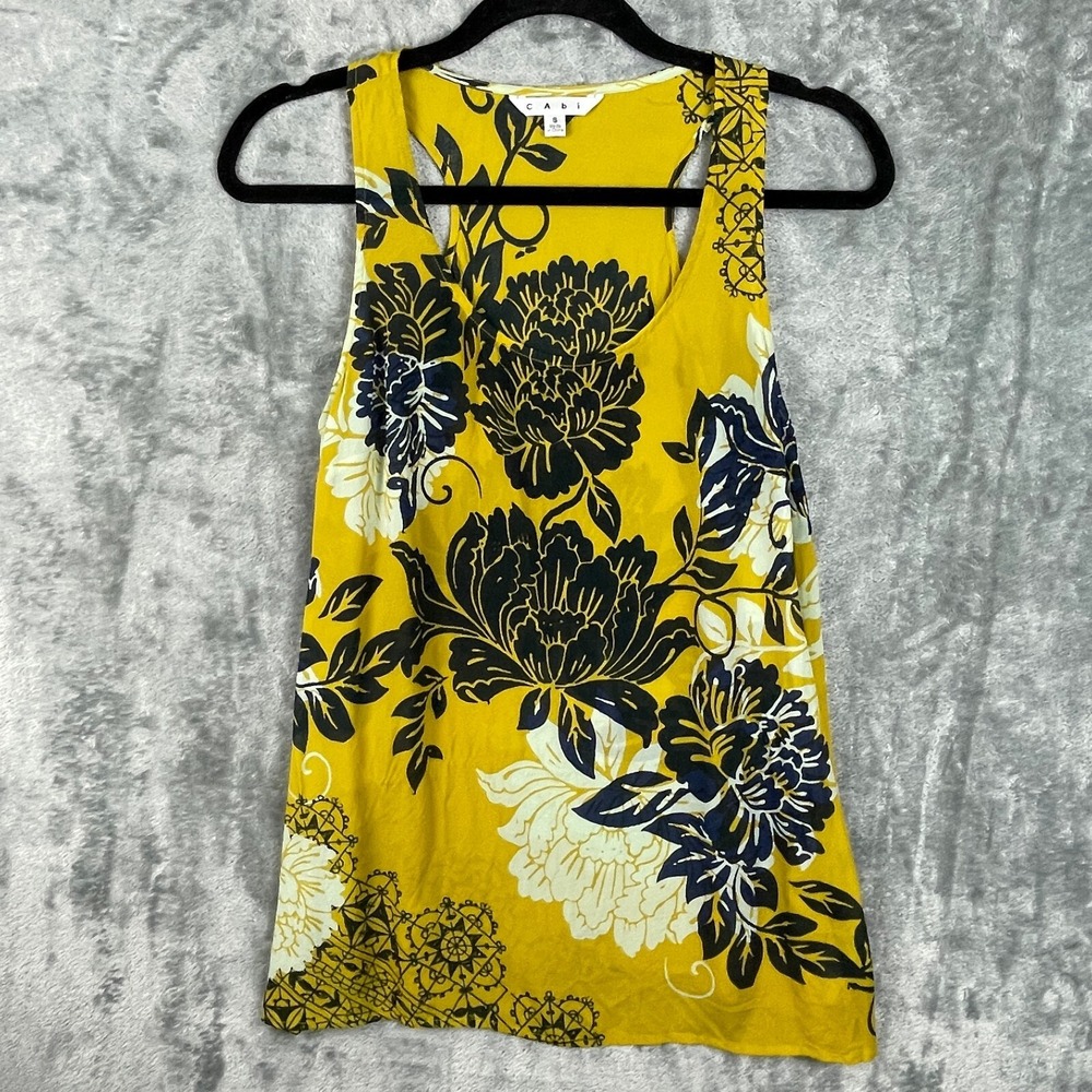 Cabi Tank Top Womens Small Yellow Floral Bohemian‎ Cottage Gardencore Silk Blend